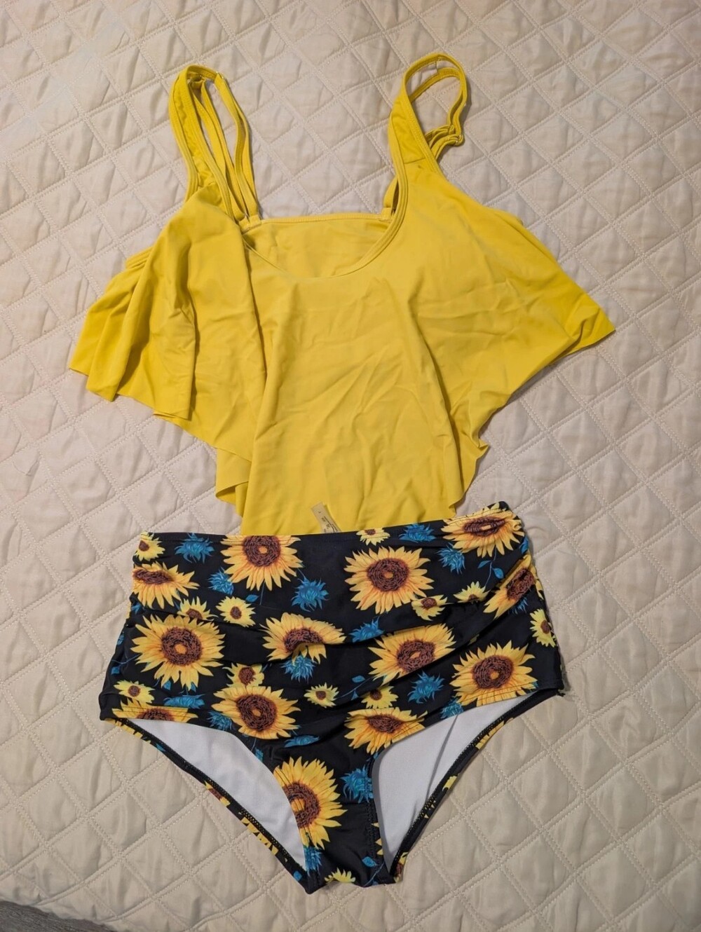 Yellow Ruffle Tankini Top with Sunflower High-Waist Bottoms